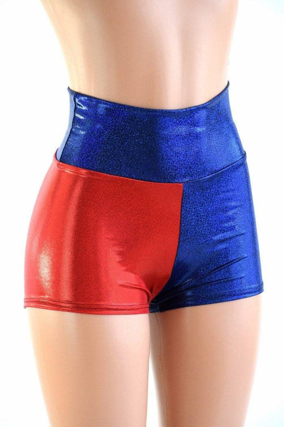Large Ready to Ship Harlequin Red & Blue High Waist Shorts - Coquetry Clothing