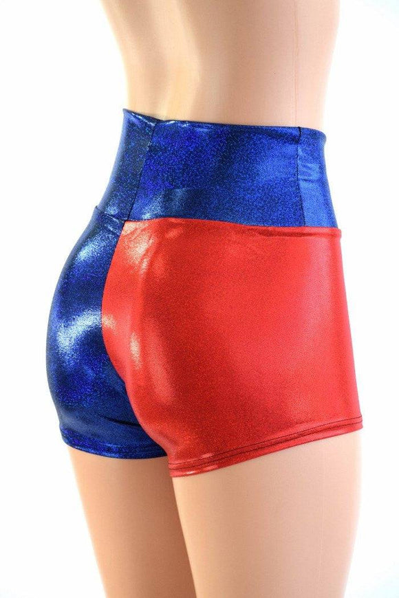 Large Ready to Ship Harlequin Red & Blue High Waist Shorts - Coquetry Clothing