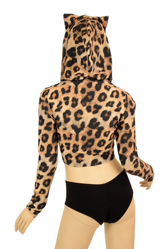 Leopard Cat Ear Zipper Front Crop Top - Coquetry Clothing
