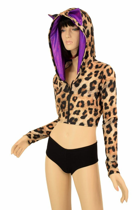 Leopard Cat Ear Zipper Front Crop Top - Coquetry Clothing