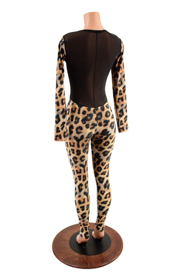 Leopard Print Catsuit with Sheer Mesh Back - Coquetry Clothing