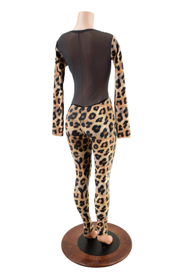 Leopard Print Catsuit with Sheer Mesh Back - Coquetry Clothing