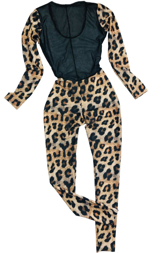 Leopard Print Catsuit with Sheer Mesh Back - Coquetry Clothing