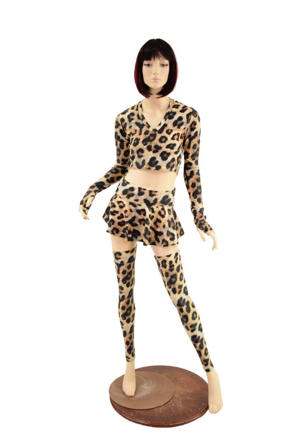 Leopard Print Crop Top, Circle Cut Skirt and Leg Warmer Set - Coquetry Clothing