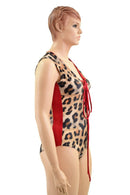 Leopard & Red Plunging V Lace Up Romper - Coquetry Clothing