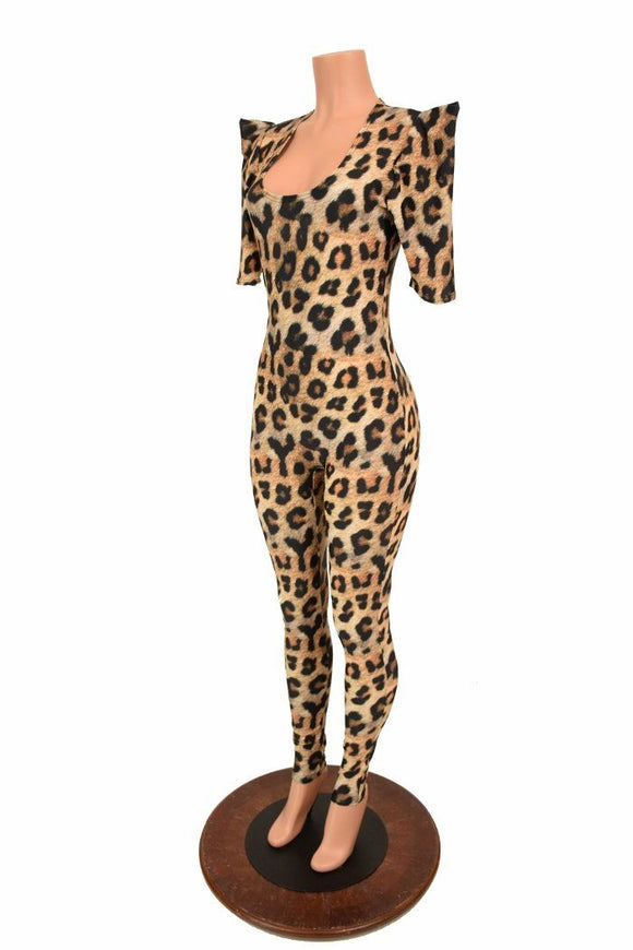 Leopard Sharp Shoulder Catsuit - Coquetry Clothing