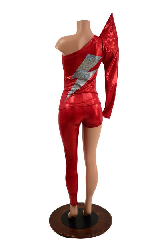 Lightning Bolt Asymmetrical Sharp Shoulder 2PC Set (Mock Catsuit) - Coquetry Clothing