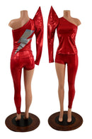 Lightning Bolt Asymmetrical Sharp Shoulder 2PC Set (Mock Catsuit) - Coquetry Clothing