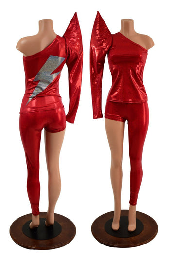 Lightning Bolt Asymmetrical Sharp Shoulder 2PC Set (Mock Catsuit) - Coquetry Clothing