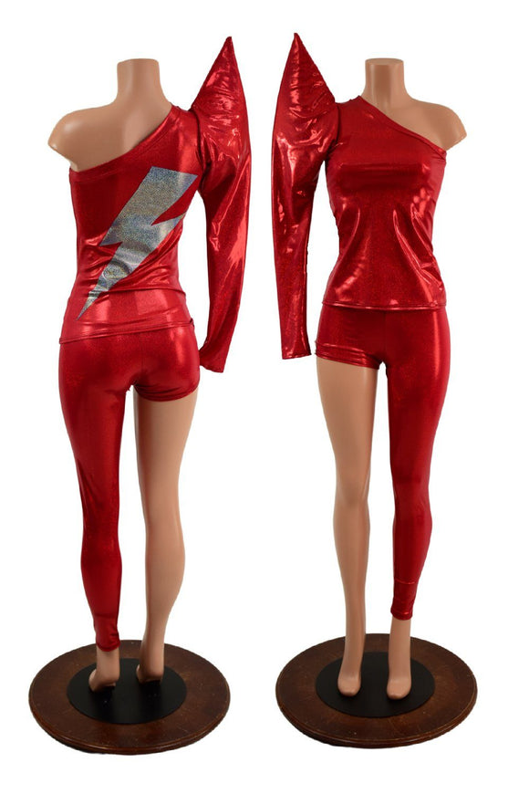 Lightning Bolt Asymmetrical Sharp Shoulder 2PC Set (Mock Catsuit) - Coquetry Clothing