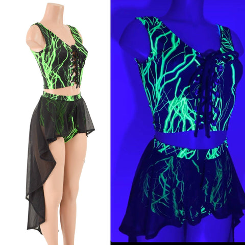 UV Glow Green Lighting Laceup Set with Mesh Hi Lo - Coquetry Clothing