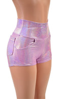 Lilac Holographic High Waist Shorts with Front and Back Pockets - Coquetry Clothing
