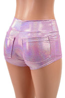 Lilac Holographic Mid Rise Shorts with Front and Back Pockets - Coquetry Clothing