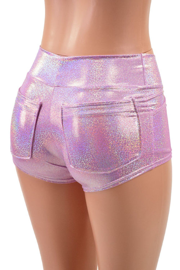 Lilac Holographic Mid Rise Shorts with Front and Back Pockets - Coquetry Clothing