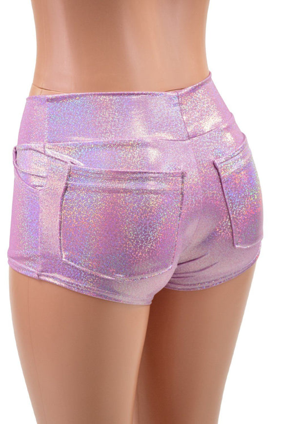 Lilac Holographic Mid Rise Shorts with Front and Back Pockets - Coquetry Clothing