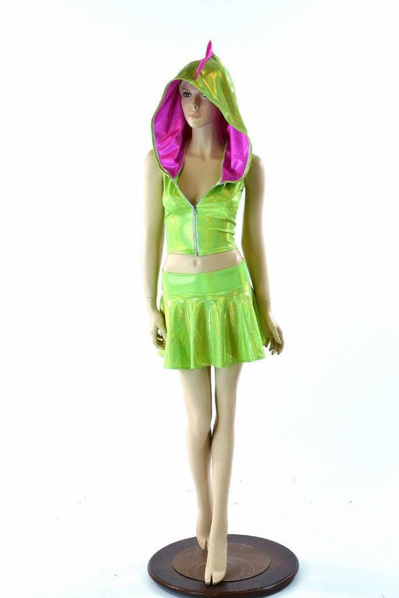 Lime Holographic Crop Hoodie & Skirt Set - Coquetry Clothing