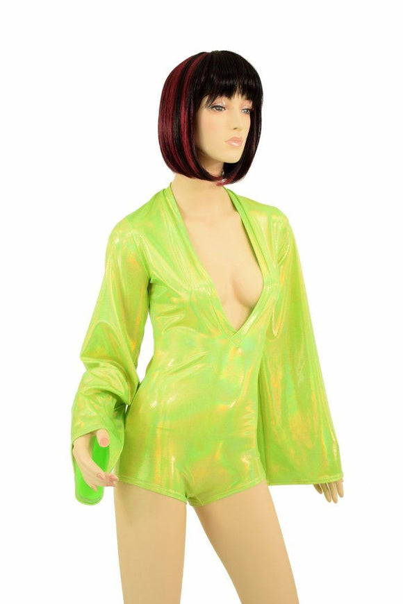 Lime Plunging V Bell Sleeve Romper - Coquetry Clothing