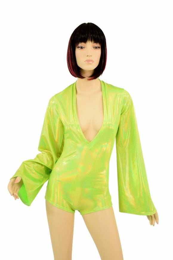 Lime Plunging V Bell Sleeve Romper - Coquetry Clothing
