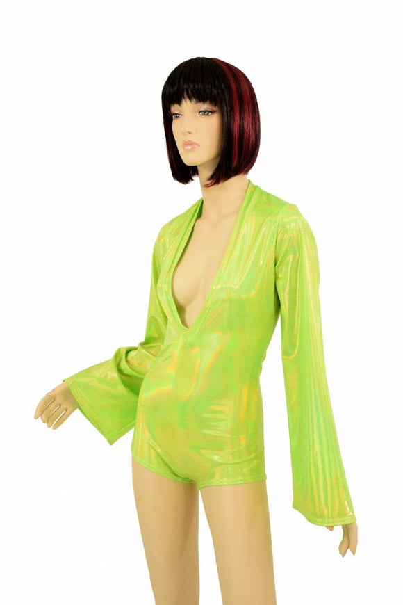 Lime Plunging V Bell Sleeve Romper - Coquetry Clothing