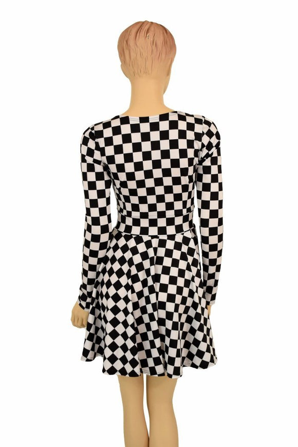 Long Sleeve Checkered Skater Dress - Coquetry Clothing