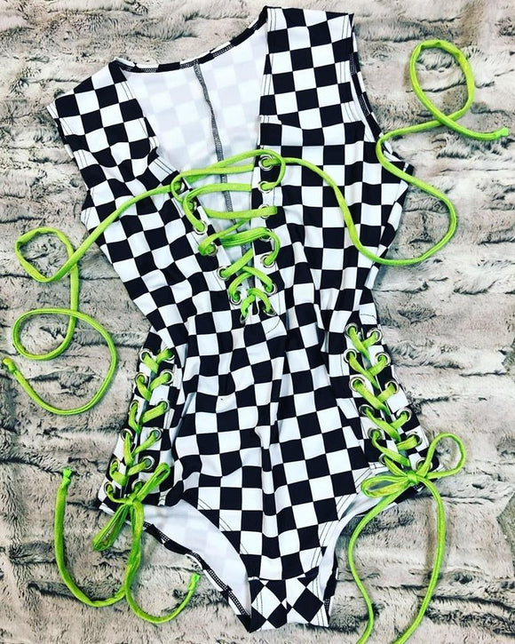 Made to Order Checkered Lace Up Romper - Coquetry Clothing