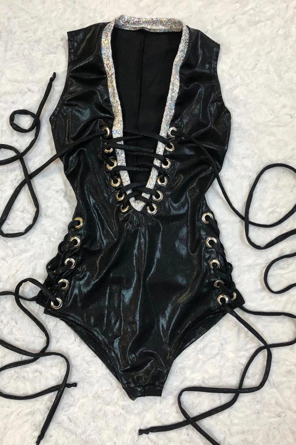 Made To Order Plunging V Neck Lace Up Romper - Coquetry Clothing