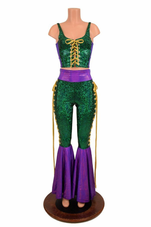 Mardi Gras 2PC Lace Up Top and Bell Bottom Pants Set - Coquetry Clothing