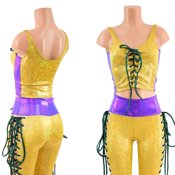 Mardi Gras 2PC Lace Up Top and Bell Bottoms Set - Coquetry Clothing