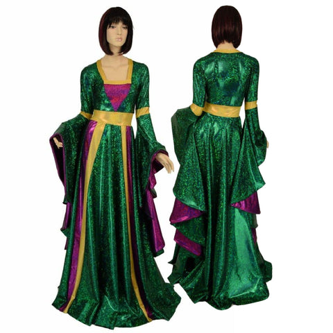 Marian Gown in Mardi Gras colors with Sorceress Sleeves - Coquetry Clothing