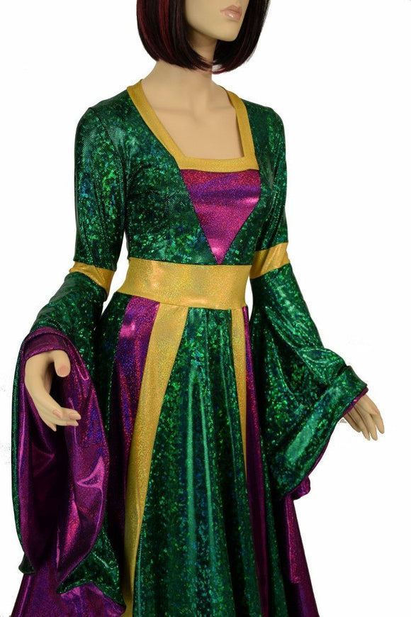 Marian Gown in Mardi Gras colors with Sorceress Sleeves - Coquetry Clothing