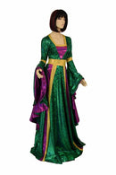 Marian Gown in Mardi Gras colors with Sorceress Sleeves - Coquetry Clothing