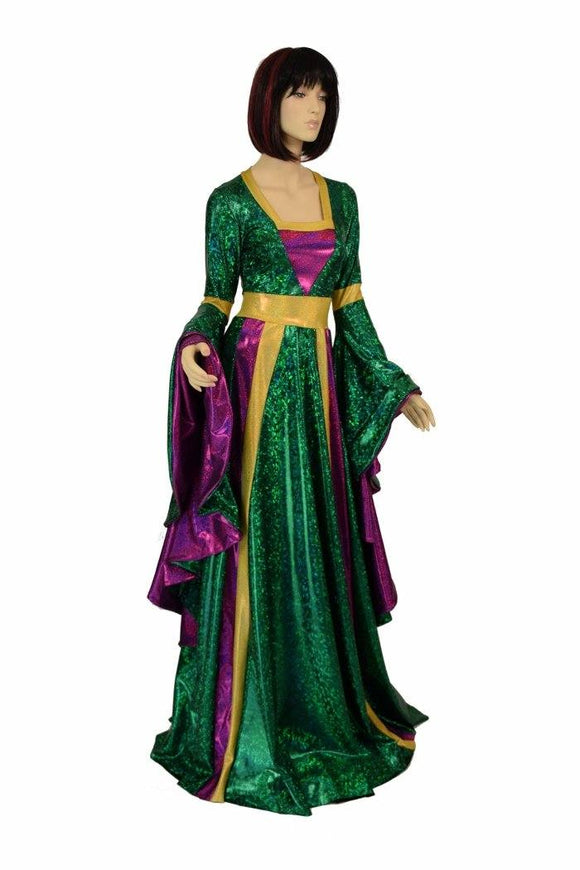 Marian Gown in Mardi Gras colors with Sorceress Sleeves - Coquetry Clothing