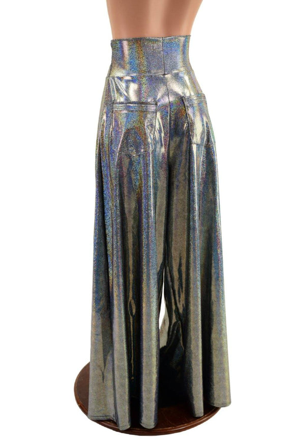 Medium Ready to Ship Silver Holographic High Waist Wide Leg Pants with Back Pockets - Coquetry Clothing