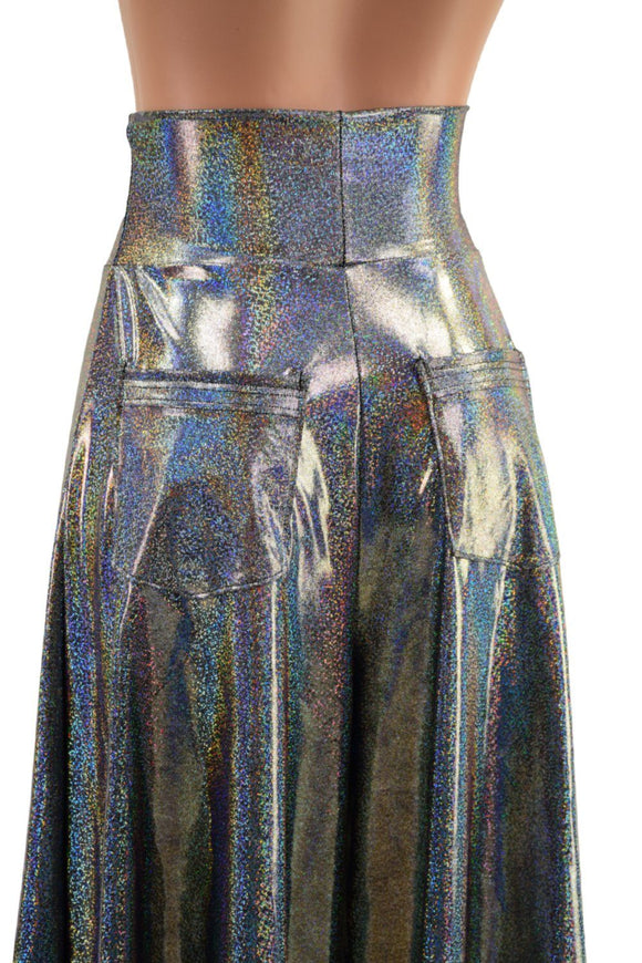 Medium Ready to Ship Silver Holographic High Waist Wide Leg Pants with Back Pockets - Coquetry Clothing