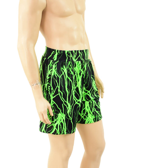 Mens Basketball Shorts with Pockets in Neon Green Lightning - Coquetry Clothing