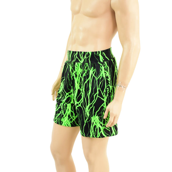 Mens Basketball Shorts with Pockets in Neon Green Lightning - Coquetry Clothing