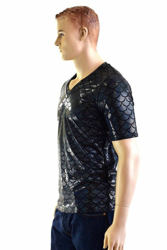 Mens Black Dragon Scale V Neck Top - Coquetry Clothing