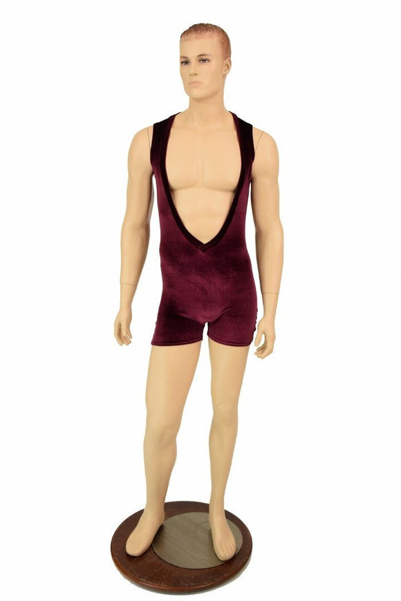 Mens Burgundy Velvet Deep Bro V Romper - Coquetry Clothing