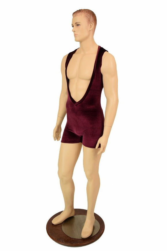 Mens Burgundy Velvet Deep Bro V Romper - Coquetry Clothing