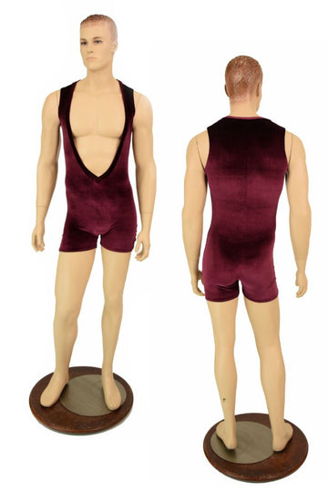Mens Burgundy Velvet Deep Bro V Romper - Coquetry Clothing