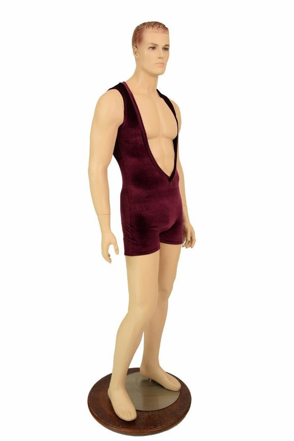 Mens Burgundy Velvet Deep Bro V Romper - Coquetry Clothing