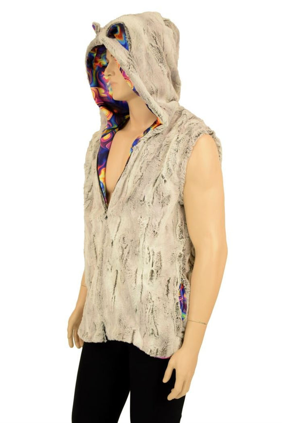 Mens Cat Ear Minky Faux Fur Hooded Vest - Coquetry Clothing