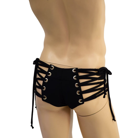 Mens Cutaway Lowrise Laceup Aruba Shorts in Black Zen - Coquetry Clothing
