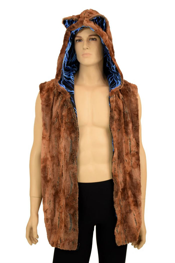 Mens Lion Ear Minky Faux Fur Hooded Vest - 1