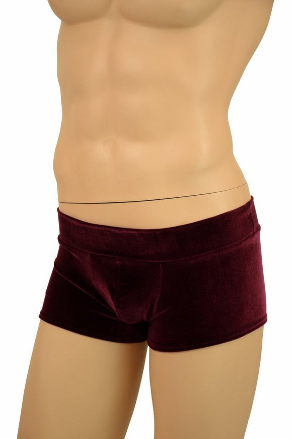 Mens Lowrise "Aruba" Shorts in Burgundy Velvet - Coquetry Clothing