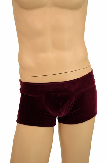 Mens Lowrise "Aruba" Shorts in Burgundy Velvet - Coquetry Clothing