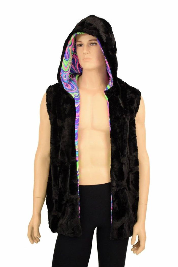 Mens Minky Faux Fur Hooded Vest - 2