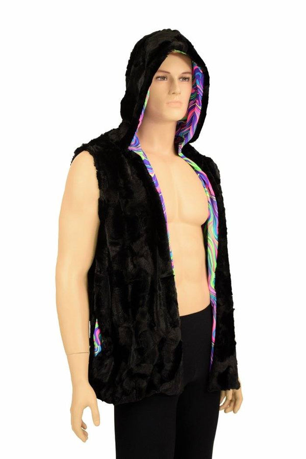 Mens Minky Faux Fur Hooded Vest - 3