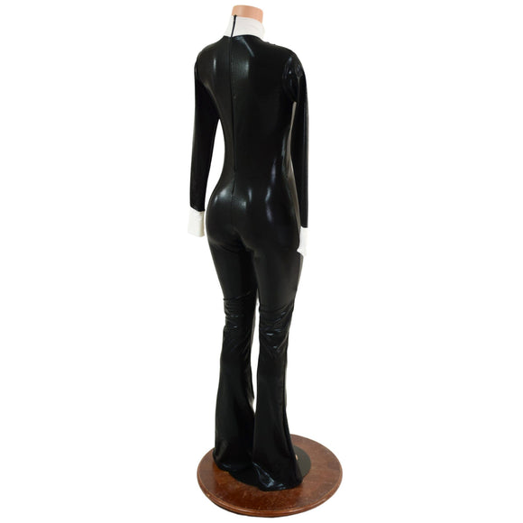 Mens or Womens Bootcut Faux Tuxedo Catsuit with Vinyl Buttons and Bow Tie - Coquetry Clothing