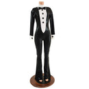 Mens or Womens Bootcut Faux Tuxedo Catsuit with Vinyl Buttons and Bow Tie - Coquetry Clothing